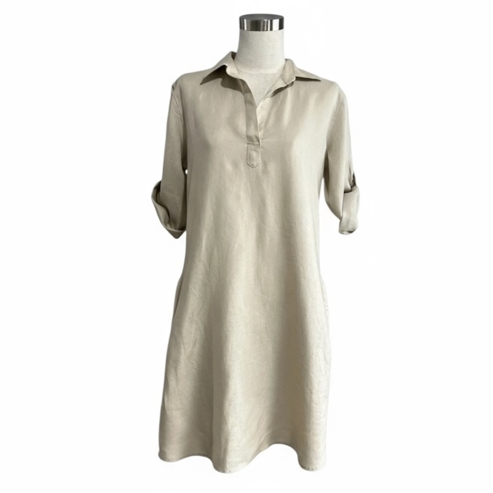 Pure Amici Linen Roll Tab Sleeve Tan Khaki Shirt Dress Small